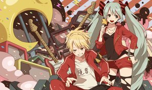 Rating: Safe Score: 78 Tags: blonde_hair blue_eyes bow green_eyes green_hair guitar hatsune_miku instrument kagamine_len long_hair male necklace short_hair shorts sunaya thighhighs torn_clothes twintails vocaloid wand wristwear User: Flandre93