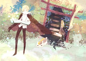 Rating: Safe Score: 19 Tags: animal blonde_hair book cape cat jippun_maru long_hair madara male natsume_reiko natsume_takashi natsume_yuujinchou short_hair skirt torii wink yellow_eyes User: mrdkreka