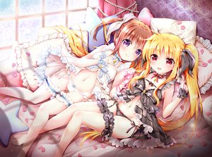 Rating: Questionable Score: 171 Tags: 2girls barefoot bed blonde_hair blush bow breasts brown_hair choker fate_testarossa garter geko_ohoshisama loli long_hair mahou_shoujo_lyrical_nanoha panties petals purple_eyes red_eyes ribbons short_hair takamachi_nanoha twintails underwear User: luckyluna