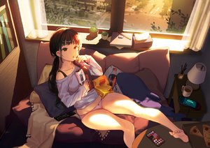 Rating: Safe Score: 120 Tags: barefoot brown_eyes brown_hair cameltoe coca_cola couch drink food game_console long_hair original panties phone pizza ponytail tagme_(artist) twintails underwear User: BattlequeenYume