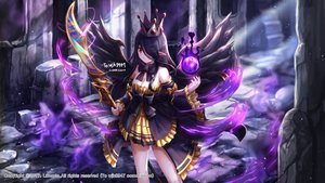 Rating: Safe Score: 37 Tags: black_hair bow breasts cleavage crown dress dungeon_and_fighter long_hair lunacle magic pointed_ears red_eyes sword watermark weapon wings User: RyuZU