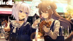 Rating: Safe Score: 80 Tags: 2girls animal_ears catgirl cat_smile doggirl food hololive ice_cream inugami_korone misaki_nonaka nekomata_okayu tail User: BattlequeenYume