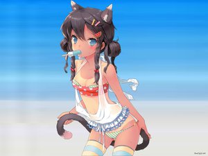 Rating: Questionable Score: 208 Tags: animal_ears beach bikini blue_eyes brown_hair catgirl cuteg popsicle ribbons swimsuit tan_lines twintails User: gnarf1975