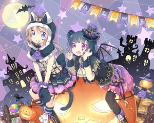 Rating: Safe Score: 59 Tags: 2girls animal animal_ears aqua_eyes bat brown_hair candy catgirl crown garter_belt gloves halloween kneehighs lollipop love_live!_school_idol_project love_live!_sunshine!! pumpkin purple_eyes short_hair skirt stockings tagme_(artist) tail tattoo thighhighs tsushima_yoshiko watanabe_you wings User: RyuZU