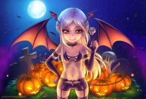 Rating: Safe Score: 41 Tags: animal bat bikini_top blush brown_eyes burbur collar cross demon fang garter_belt grass halloween long_hair moon navel night original pointed_ears pumpkin shorts sky stars stockings succubus tail watermark white_hair wings User: RyuZU