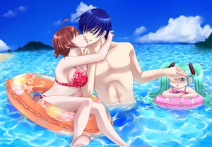 Rating: Safe Score: 60 Tags: aqua_eyes aqua_hair barefoot beach bikini black_hair hatsune_miku kaito loli male meiko ponytail red_hair swim_ring swimsuit twintails vocaloid water User: HawthorneKitty