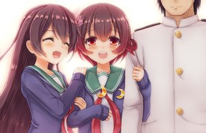 Rating: Safe Score: 22 Tags: admiral_(kancolle) anthropomorphism blush brown_hair hug kantai_collection kisaragi_(kancolle) long_hair male military mutsuki_(kancolle) ootori_(kyoya-ohtori) red_eyes school_uniform short_hair uniform User: RyuZU