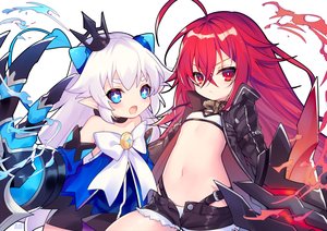 Rating: Safe Score: 103 Tags: 2girls ao_jun aqua_eyes bow choker closers collar crossover crown demon dress elsword fang flat_chest horns loli long_hair lu_(elsword) magic pointed_ears red_eyes red_hair seth_(closers) shorts tail watermark weapon white_hair User: otaku_emmy