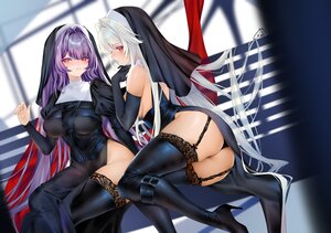 Rating: Questionable Score: 60 Tags: 2girls ass blush boots breasts garter_belt headdress long_hair nun original purple_hair red_eyes sideboob signed stockings white_hair xin_(moehime) User: otaku_emmy