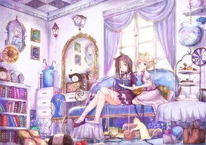 Rating: Safe Score: 115 Tags: animal animal_ears black_hair blonde_hair blue_eyes book cake cat catgirl couch dress fish food kinom lolita_fashion long_hair mirror original reflection ribbons umbrella User: FormX