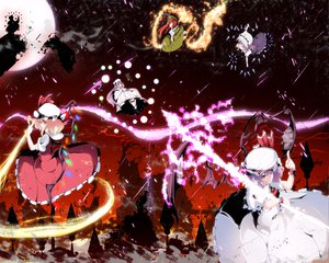 Rating: Safe Score: 56 Tags: animal bat blonde_hair blue_hair book bow dragon dress fire flandre_scarlet gray_hair group hat headdress hong_meiling izayoi_sakuya knife long_hair mage maid meracle moon patchouli_knowledge purple_hair red_hair remilia_scarlet ribbons short_hair sky spear touhou vampire weapon wings User: ガラス