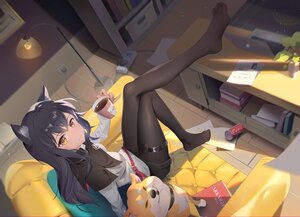 Rating: Safe Score: 194 Tags: animal animal_ears arknights black_hair book brown_eyes couch dog drink long_hair pantyhose paper shorts somna texas_(arknights) wolfgirl User: BattlequeenYume