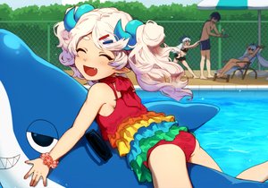 Rating: Safe Score: 57 Tags: ass bikini blue_hair blush ciel_(elsword) close drink elsword fang loli long_hair lu_(elsword) male pointed_ears ponytail pool shade swimsuit twintails umbrella white_hair wristwear yukibi User: otaku_emmy