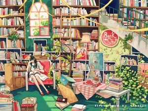 Rating: Safe Score: 105 Tags: black_eyes black_hair book cake dress flowers food fruit long_hair original ribbons school_uniform skirt stairs tree vividyuxi watermark User: FormX