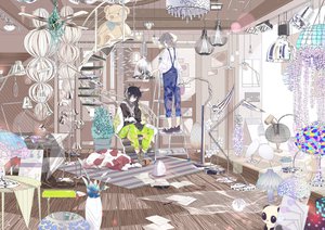 Rating: Safe Score: 117 Tags: all_male animal black_hair blue_eyes dog flowers gray_hair headphones hpknight male original paper petals short_hair socks stairs teddy_bear User: FormX