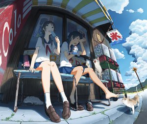 Rating: Safe Score: 182 Tags: 2girls animal barefoot black_eyes black_hair cat clouds coca_cola food ice_cream inoki long_hair popsicle school_uniform short_hair skirt socks User: opai