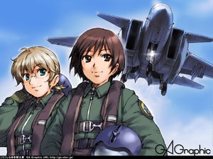 Rating: Safe Score: 5 Tags: 2girls aircraft aqua_eyes blonde_hair brown_eyes brown_hair gagraphic glasses logo military shirayuki_shoushirou short_hair uniform watermark User: Oyashiro-sama