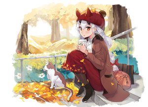 Rating: Safe Score: 60 Tags: animal autumn blush boots cat drink fate/grand_order fate_(series) hat horns jehyun leaves long_hair orange_eyes pantyhose ponytail skirt stairs tomoe_gozen tree white_hair User: otaku_emmy