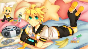 Rating: Safe Score: 16 Tags: all_male aqua_eyes bed blonde_hair candy doll drink food fruit headphones kagamine_len kagamine_rin lolitaii lollipop male short_hair shorts signed tie vocaloid User: ANIMEHTF