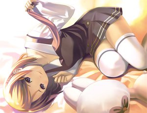 Rating: Safe Score: 94 Tags: bed brown_hair gray_eyes kitami_minamo koutaro nijiiro_zakura panties school_uniform short_hair thighhighs tropical_vacation underwear User: Oyashiro-sama