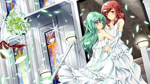 Rating: Safe Score: 30 Tags: green_eyes green_hair hakurei_reimu kochiya_sanae red_eyes red_hair shoujo_ai touhou wedding wedding_attire User: HawthorneKitty