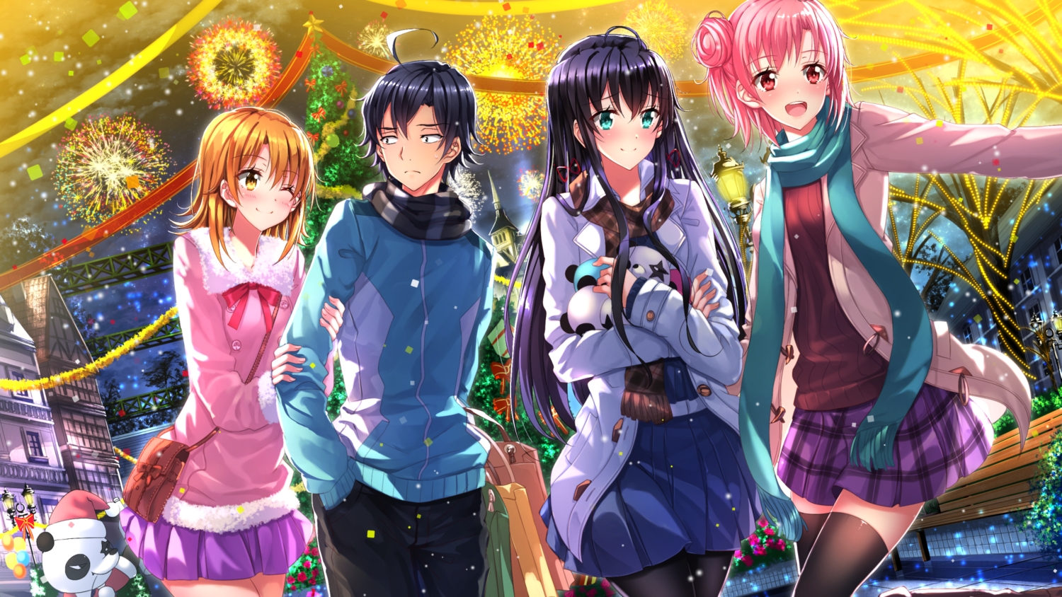 animal aqua_eyes bear black_hair brown_eyes brown_hair building christmas city fireworks group hikigaya_hachiman isshiki_iroha long_hair male night panda pantyhose pink_hair red_eyes scarf short_hair skirt swordsouls thighhighs wink yahari_ore_no_seishun_love_come_wa_machigatteiru. yuigahama_yui yukinoshita_yukino