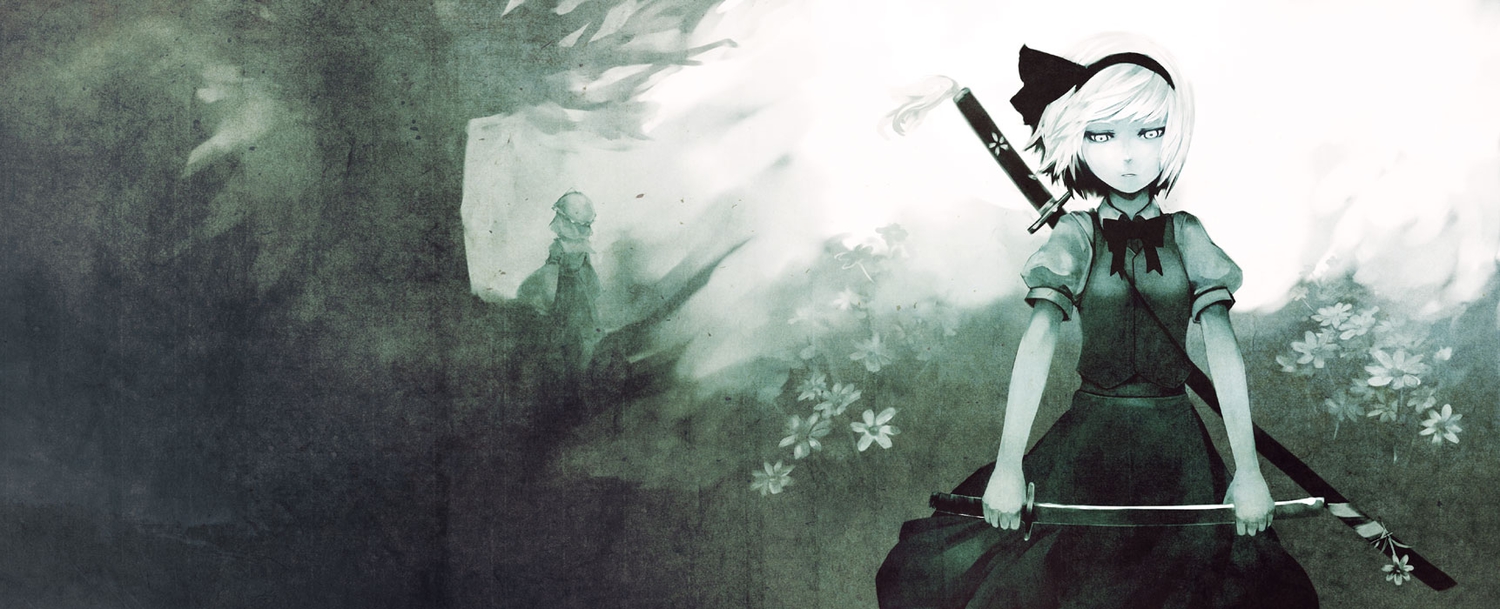 2girls dualscreen flowers headband katana konpaku_youmu monochrome saigyouji_yuyuko short_hair sword totteri touhou tree weapon